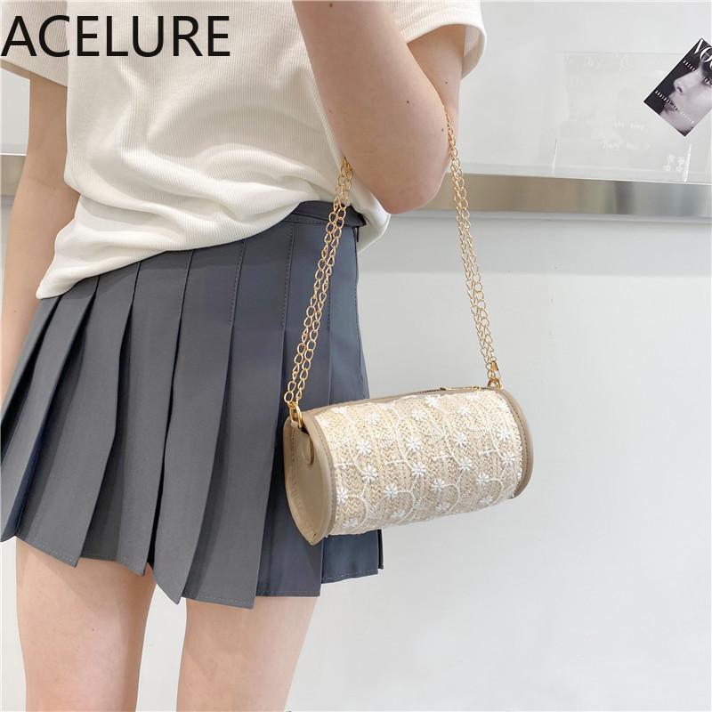 

Evening Bags ACELURE Solid Color Small Barrel-shaped Shoulder Crossbody For Women Fashion Zipper Messenger Ladies Lace Decor Purse, Khaki
