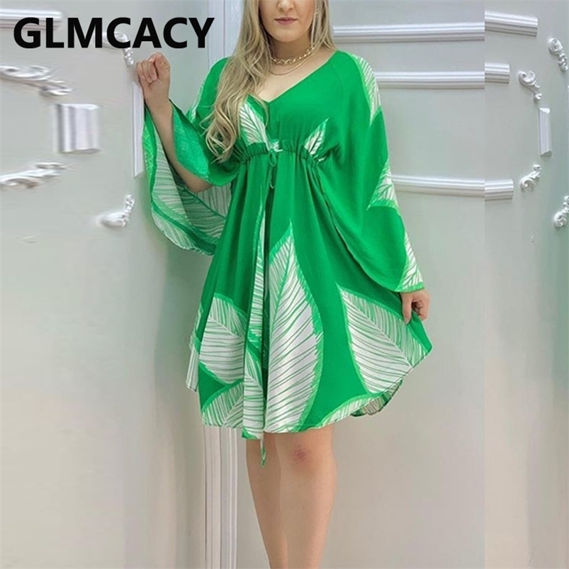 

Women Cape Sleeve Leaves Print Ruched Dress 210701, Green