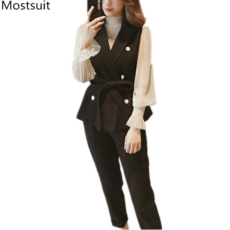 

Three Piece Set Women Long Sleeve Tops+vest With Belt And Pants s Suits Office Ladies Ol Style Female 3 Black Blue 210518