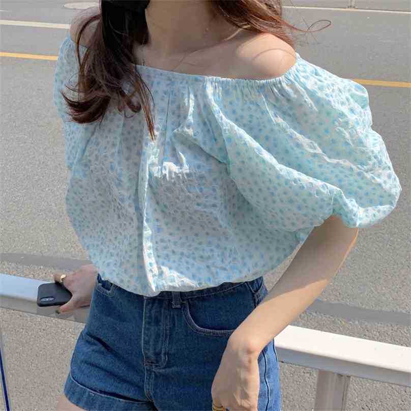 

Sexy Streetwear Slash Neck Florals Loose Girls Sweet Summer Slim Printed Short Sleeves All Match Tops Blouses 210525, Photo color