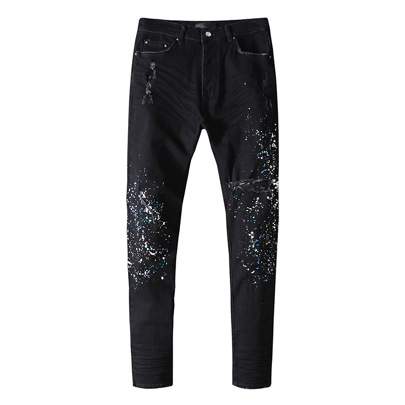 

Mens jeans with holes, sanding and splashing ink, pure black trousers, European and American fashion casual slim-fit pants, wash water, teenagers