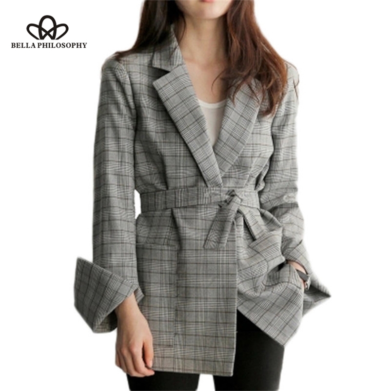 

Autumn Women Gray Plaid Office Lady Blazer Fashion Bow Sashes Split Sleeve Jackets Elegant Work Blazers Feminino 210519, Khaki
