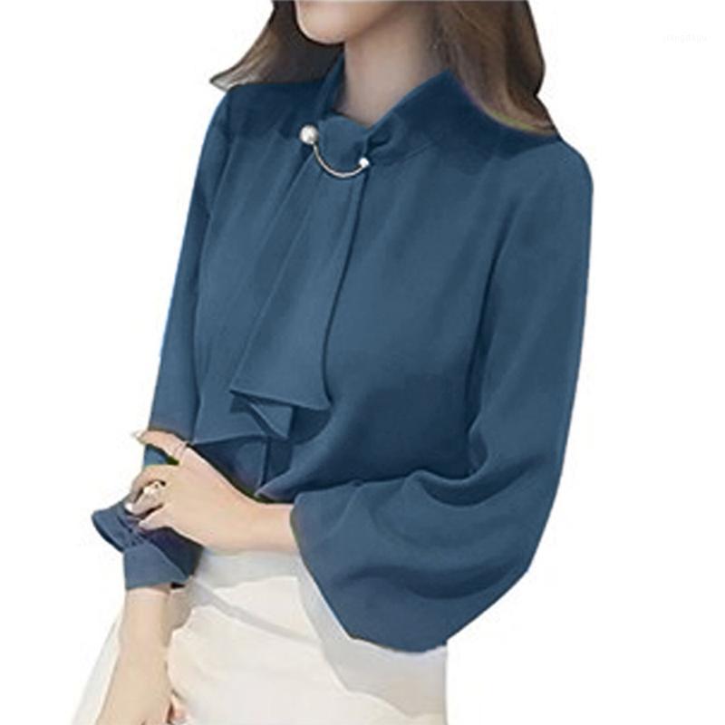 

Long Sleeve Chiffon Shirts Office Ladies Elegant 2021 Spring Summer Korean Causal Blouse Female Solid Tops Japan Young Women's Blouses &, Blue