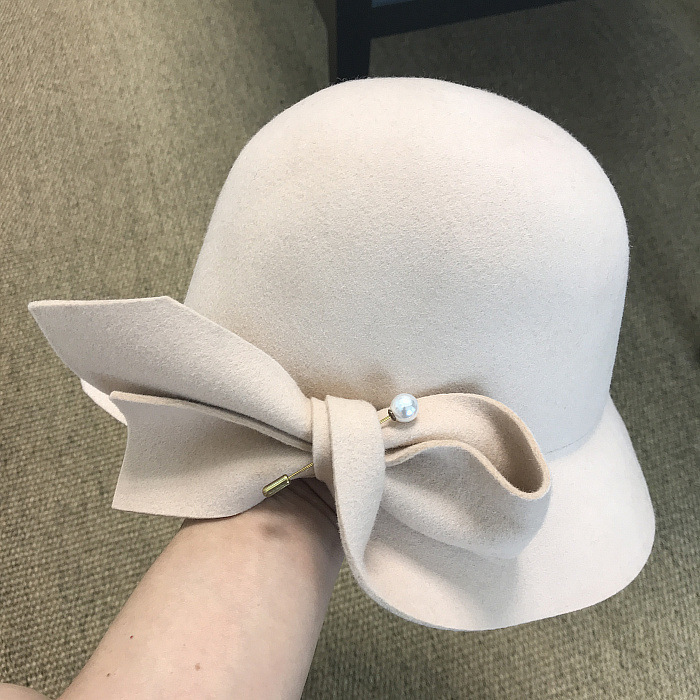 

Fitted Hat Autumn And Winter New Bucket Basin Of Bowknot Pearl Wool Hat Female Warm Fashion Female Warm, Black