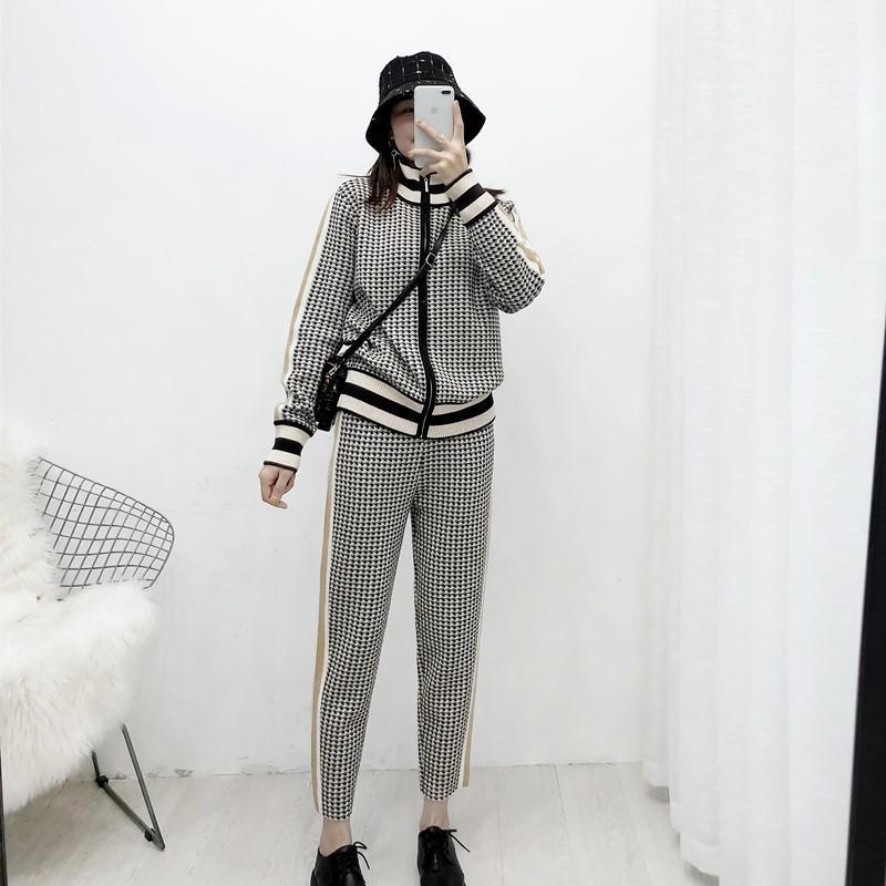 

Women' Tracksuits Ladies Autumn Knitted Tracksuit Houndstooth 2 Piece Set Plaid Cardigans Tops + Pants Two Knit Sweatshirts Suit, Picture color