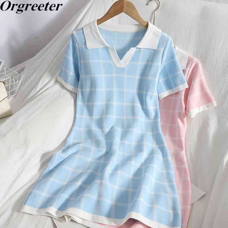 

Girly Sweet Pink Hit color Plaid Knitted Dress for Women Korean Style Lapel Short Sleeve Stretch Thin Pullover Sweater 210525