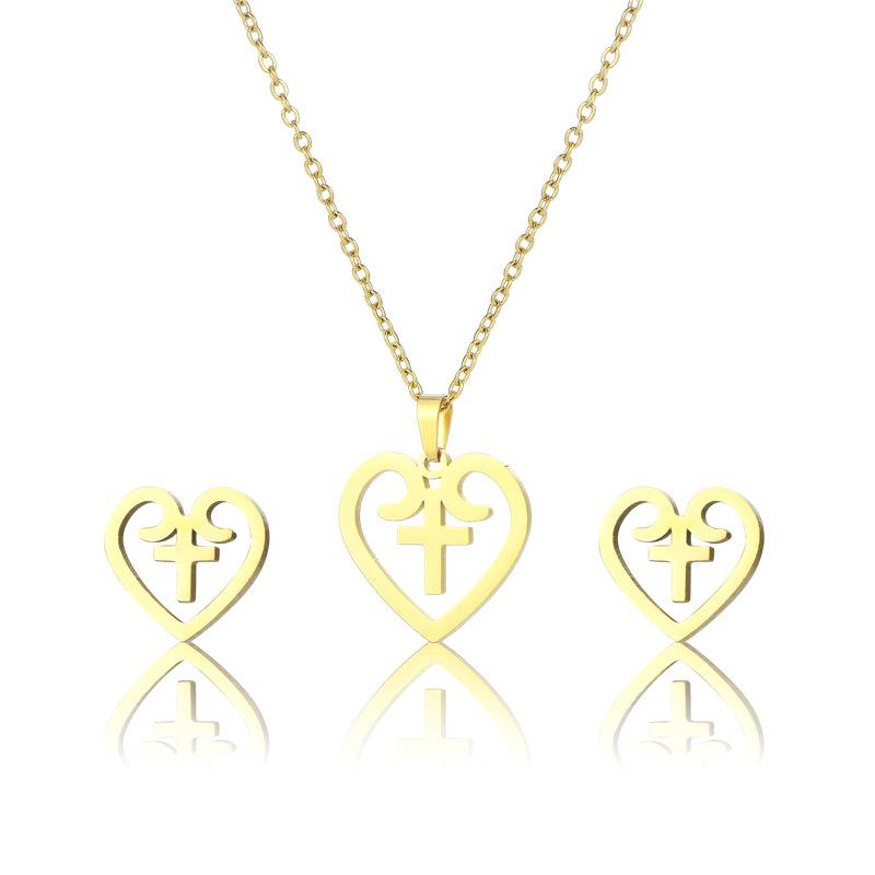

Earrings & Necklace Stainless Steel Minimalist Jewelry Set Love Cross Pendant Kpop, Silver