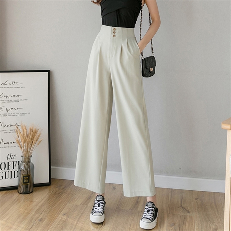 

Women' Summer Chiffon High Waist Pants Black White Simple Ladies Fashion Wide-leg Trousers Loose Plus size Female Trouser 210524