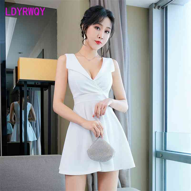 

LDYRWQY Nighttime women' sexy dress summer low chest show thin nightclub technician V-Neck Zipper 210603, White