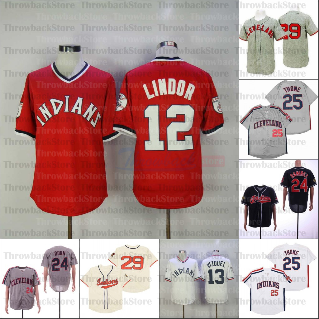 

Retro Baseball 1948 1951 and 1995 Home Jersey 25 THOME 24 RAMIREZ 12 LINDOR 13 VIZQUEL BLACK, As photo