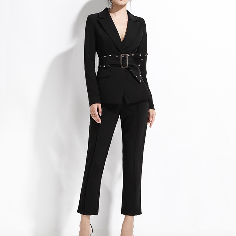 

Women Two Piece Pants Autumn OL commuting temperament mature style ladies professional suit two-piece waistband slim pure color pencil trouser winter female sets, Black