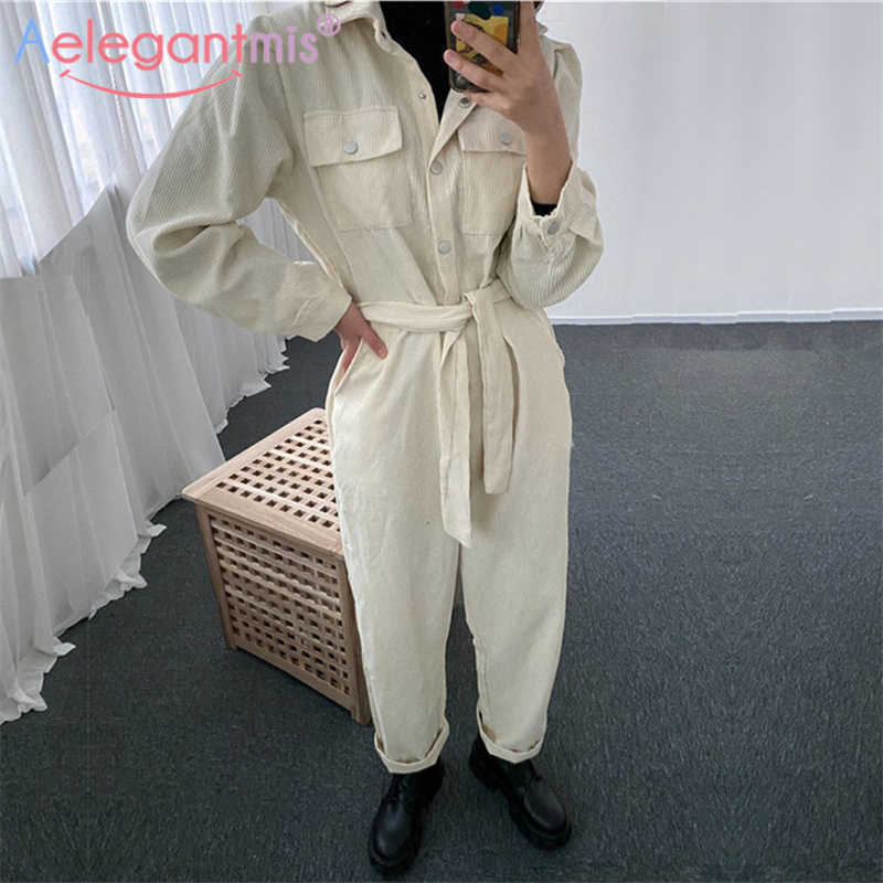 

Aelegantmis Corduroy Rompers Female Sashes JumpSuit Women High Waist Loose Straight Overalls Streetwear Chic 210607, Beige