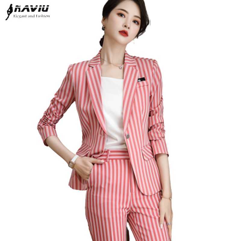 

Naviu 2 Piece Set Women Clothes Fashion Striped Blazer and Trousers Office Lady OL Style Formal Uniform Suits Work Wear 210604, Khaki coat and pants