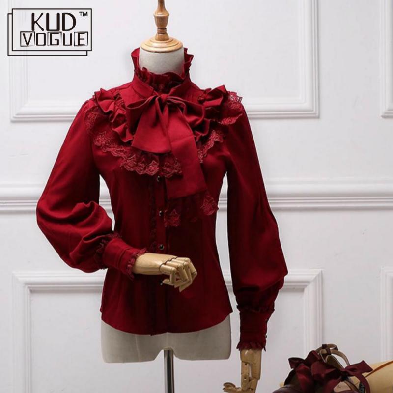 

Vintage Lolita Chiffon Shirt Blouse For Women Long Sleeve Stand Collar Elegant Female Gothic Belt Lace Girl Red Black Blue White, Black-long