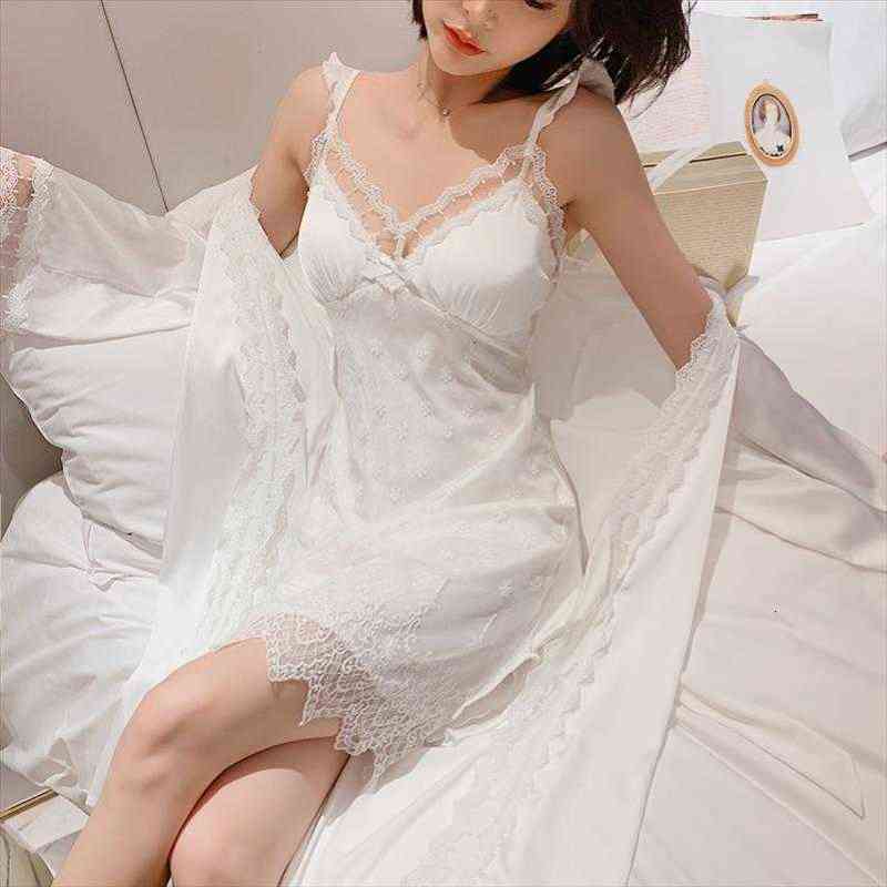 

white full slip lace robe womens sleepwears set silk bride bridesmaid wedding dressing gown sleepwear palace princess nightwear pajama, Black;red