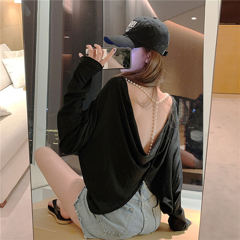 

Summer Casual Long-sleeved Women Sunscreen Fashion Sexy Halter Pearl Chain Loose Tops Female Backless Blouse 210517, Black