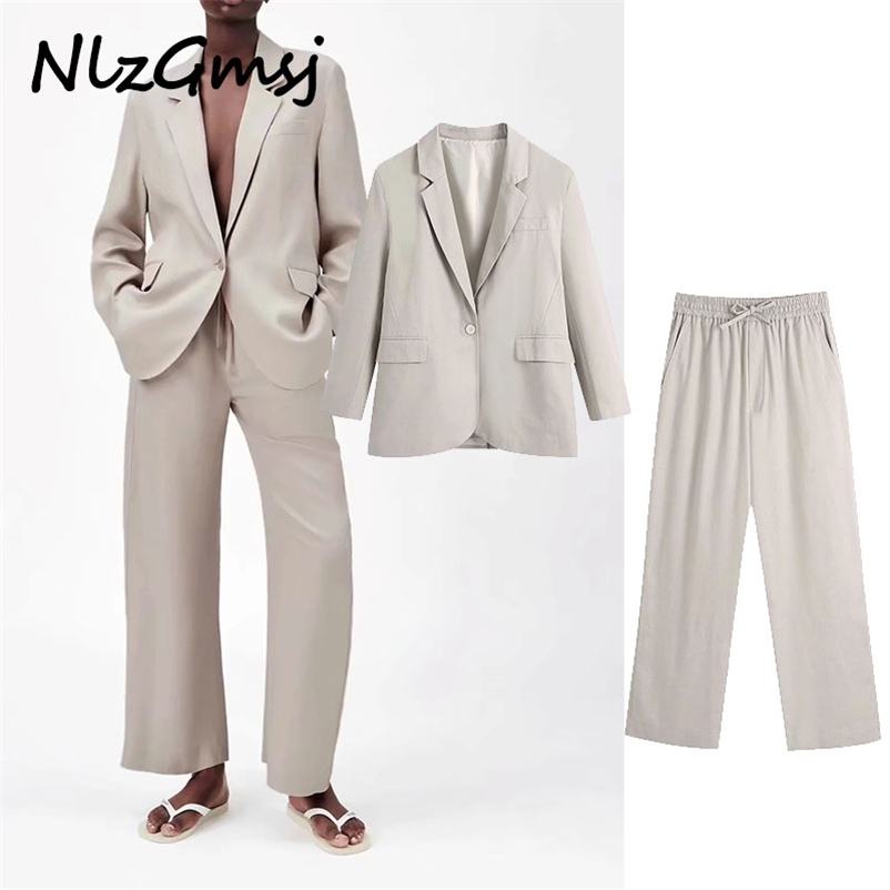 

2 Piece Set Women Blazer Jacket Ensemble Casual Wide Leg Straight Pant Suit Female Trousers Sets 05 210628, As picture