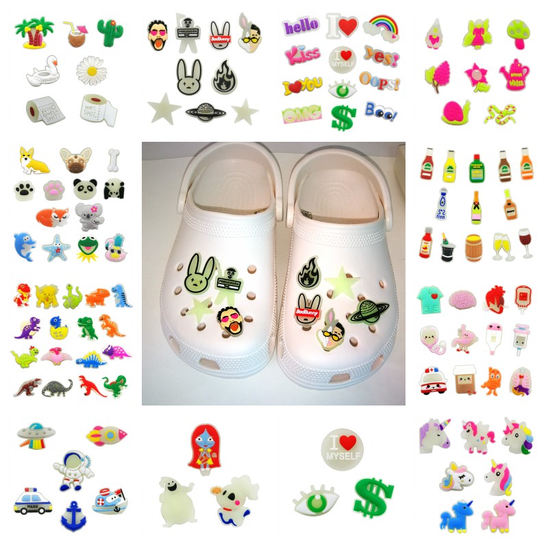 

MOQ=20pcs + custom glow luminous shoe charms wholesale jibitz for croc soft rubber PVC charm accessories plastic ornaments glowing up in the, White;pink