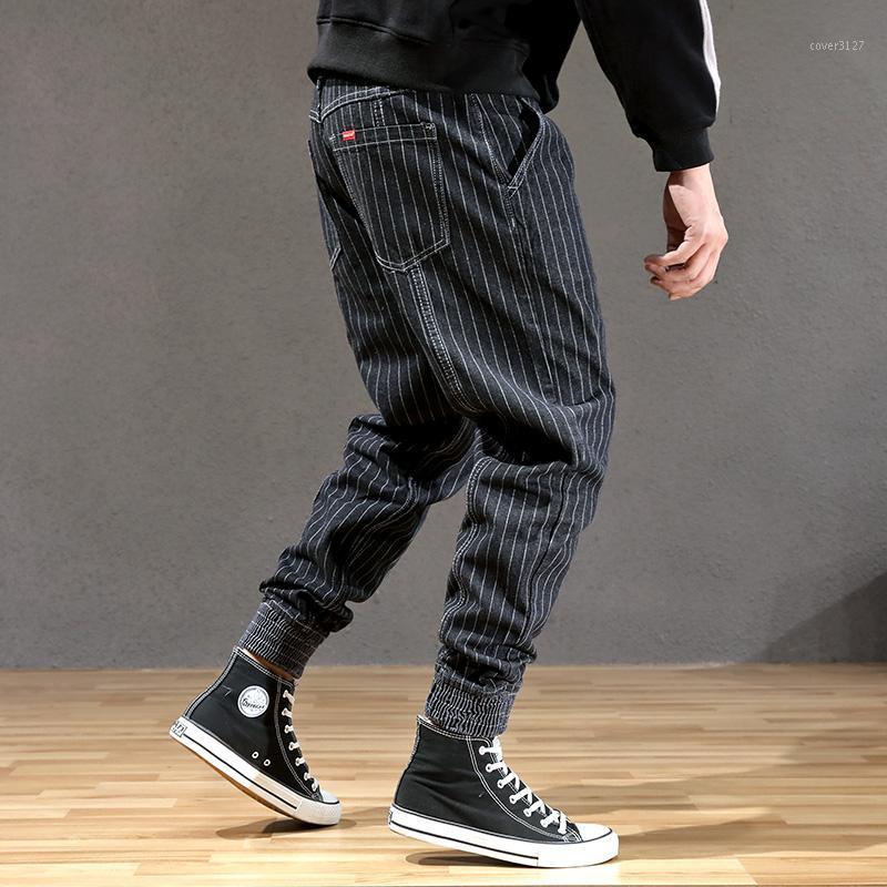 

Men's Jeans Fashion Streetwear Men Black Color White Stripe Designer Loose Harem Pants Slack Bottom Spliced Hip Hop Joggers, Blue