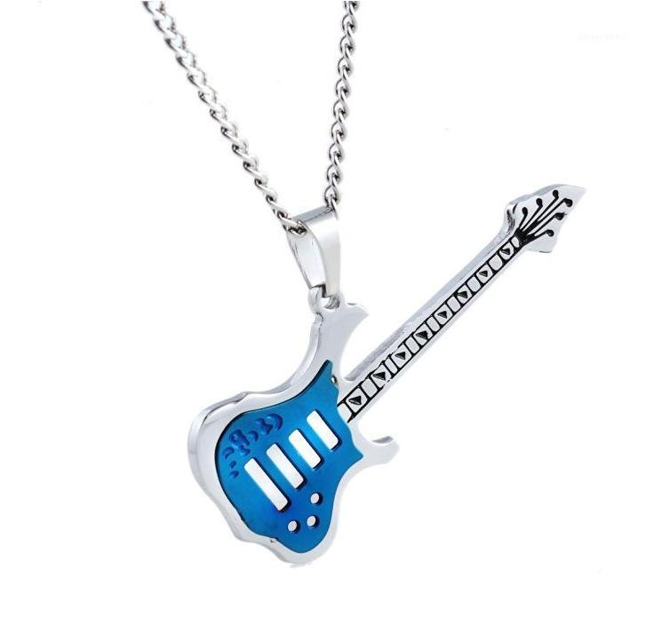 

Guitar Couple Necklace Music Lovers Stainless Steel Jewelry Pendant With Leather Rope Chains