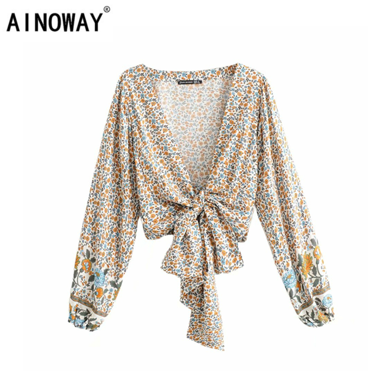 

Vintage chic Women floral print rayon bohemian blouses shirt ladies loose crop top long sleeve boho shirts blusas kimono, Beige