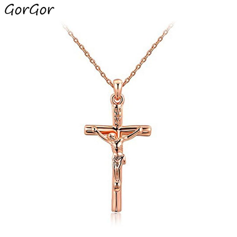 

Pendant Necklaces GorGor Necklace Women Alloy Materil Pattern Cross Jesus Rose Gold Plated Vintage Individuality Party Jewelry 2030431310B