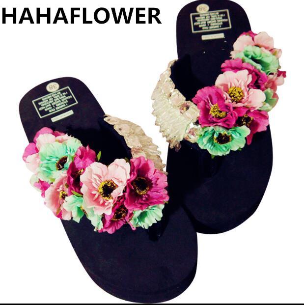 

Slippers HAHAFLOWER Summer Women Sandals High Heels Wedge Platform Beach Flip Flops Fashion Hawaiian Outdoor, Black