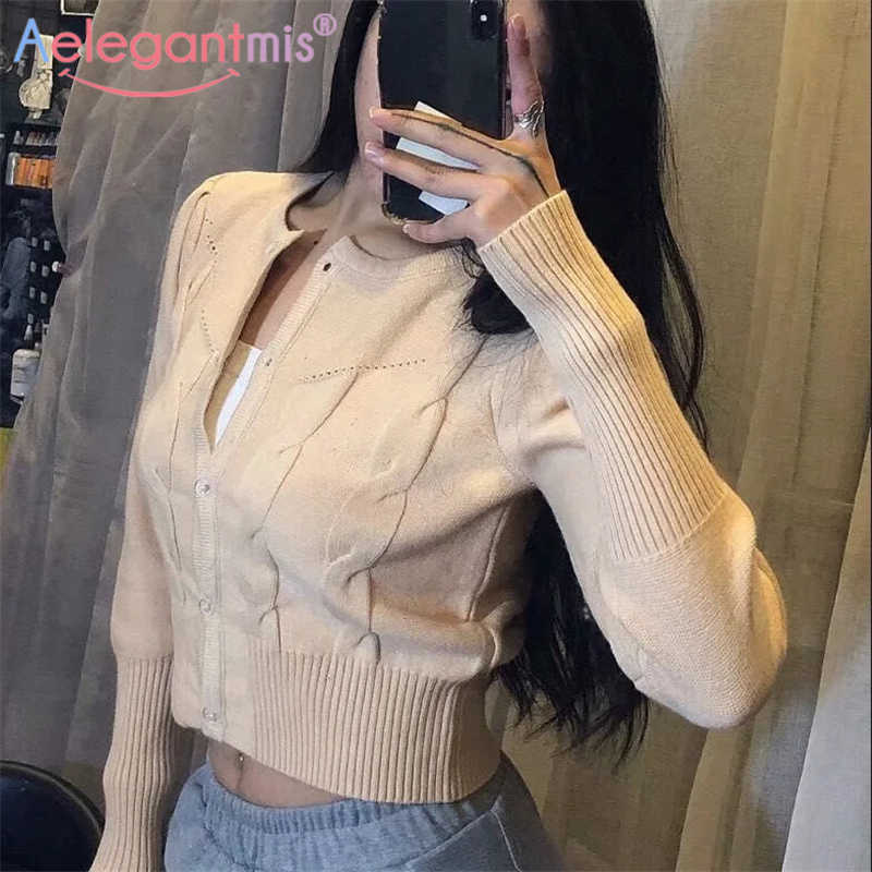 

Aelegantmis Korean Style Softt Sexy O-neck Short Knitted Sweaters WomenThin CardiganTwisted Fashion Sleeve Crop Top Ropa Mujer 210607, Khaki