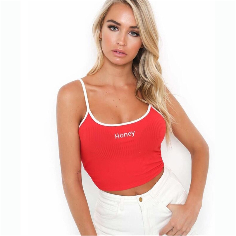 

Sexy Women Crop Top Summer Honey Letter Embroidery Strap Tank Tops Cropped Feminino Ladies Elastic Shirt Vest Camisole 210607, Red