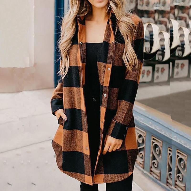 

Women's Trench Coats Women Shirts Long Sleeve Casual Fashion Coat Female Autumn Plaid Printing Blouse Loose Comfy Ladies Clothing Streetwear, Tan;black
