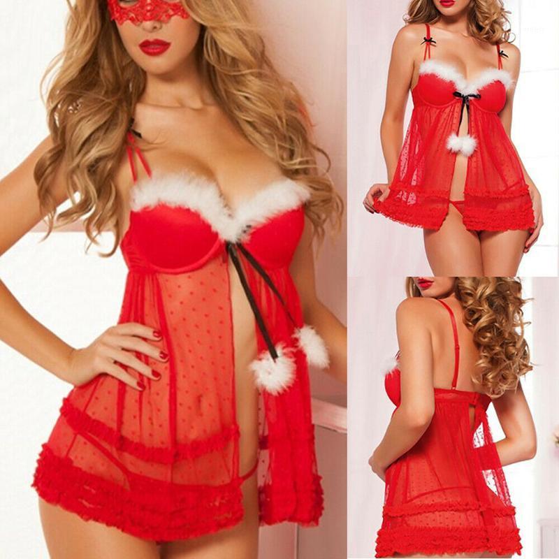 

Bras Sets XMAS Christmas Sexy Women Lace Feathers Pom Polka Dot Mini Nightdress G-String Lingerie Babydoll With Eye Mask Exotic, Red