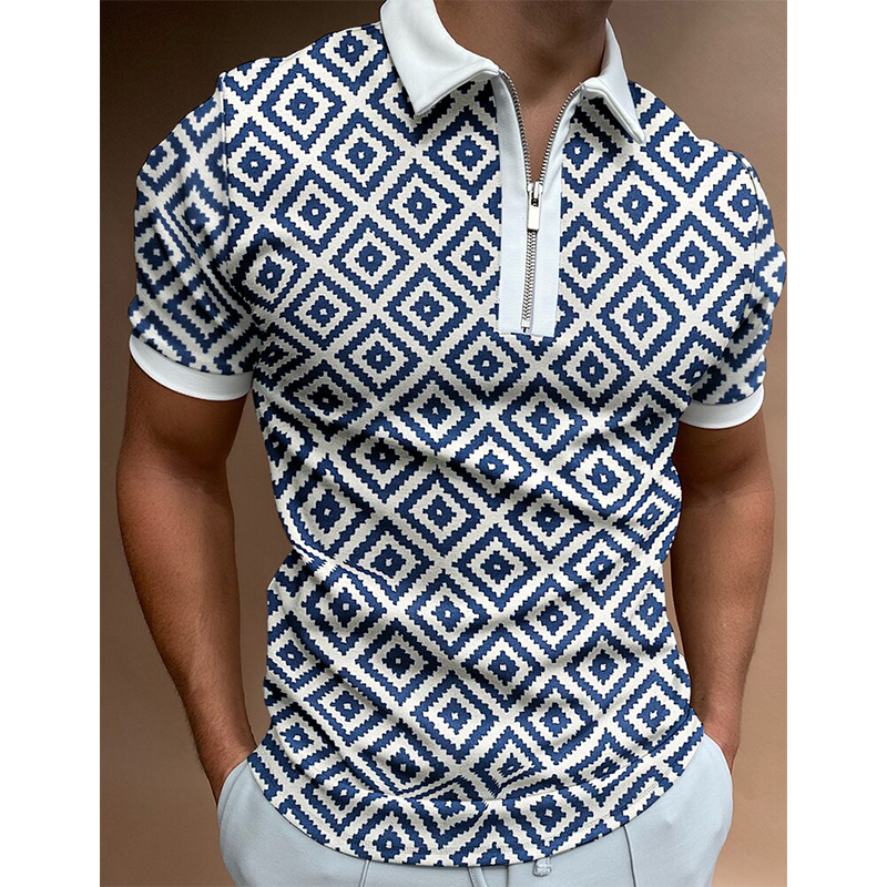 

loving pattern men's zipper polo shirt high quality comfortable breathable fashionable cool daily travel work party, Blue