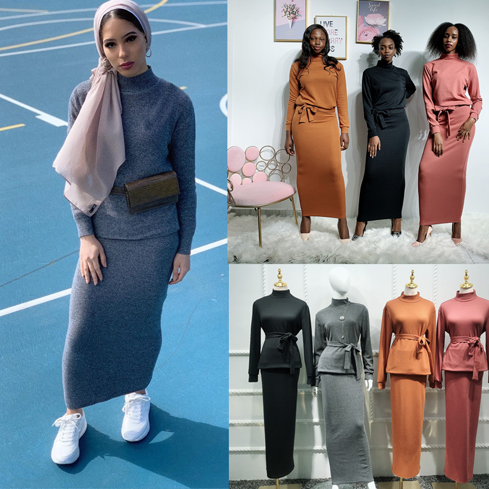 

Knit Abaya Turkish Muslim Hijab Dress Tops Skirts Set Caftan Marocain Kaftan Dubai Islam Clothing For Women Vetment Femme Hijab