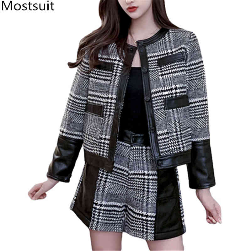 

Winter Tweed Plaid 2 Piece Shorts Sets Outfits Women Single Breasted Coat And Suits Elegant Ladies Fashion 2 Pcs Set 210518, Picture color