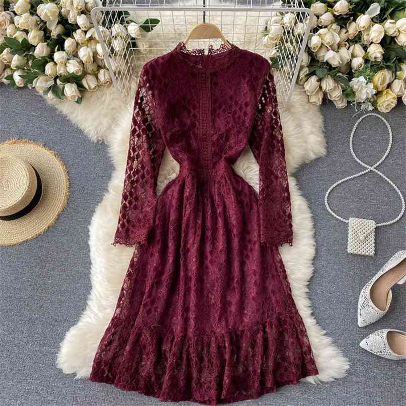 

Elegant Women's Dress Spring Long Sleeve Hollow Out Lace O-neck Slim Waist Ruffles Work Party Vintage Robe 210603, Burgundy