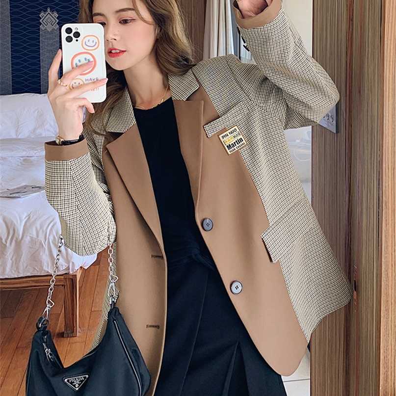 

Plaid suit jacket women British style spring and autumn design sense niche casual 211019, Chocolate