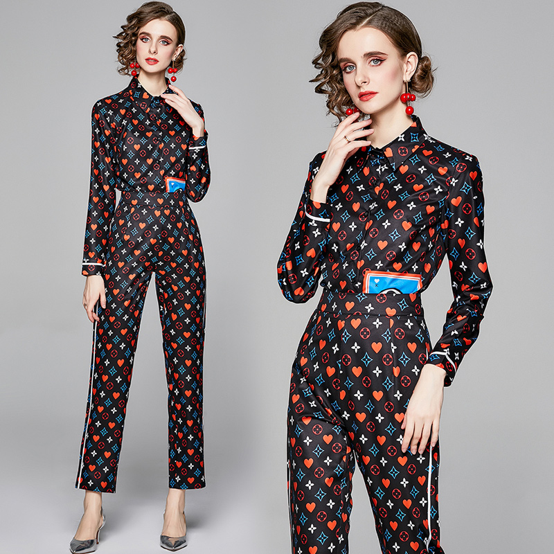 

Luxury Designer Runway Printed Pants Suits 2021 Women Long Sleeve Shirts And Casual Trouser Slim Ladies Business Party Office Spring Autumn, White