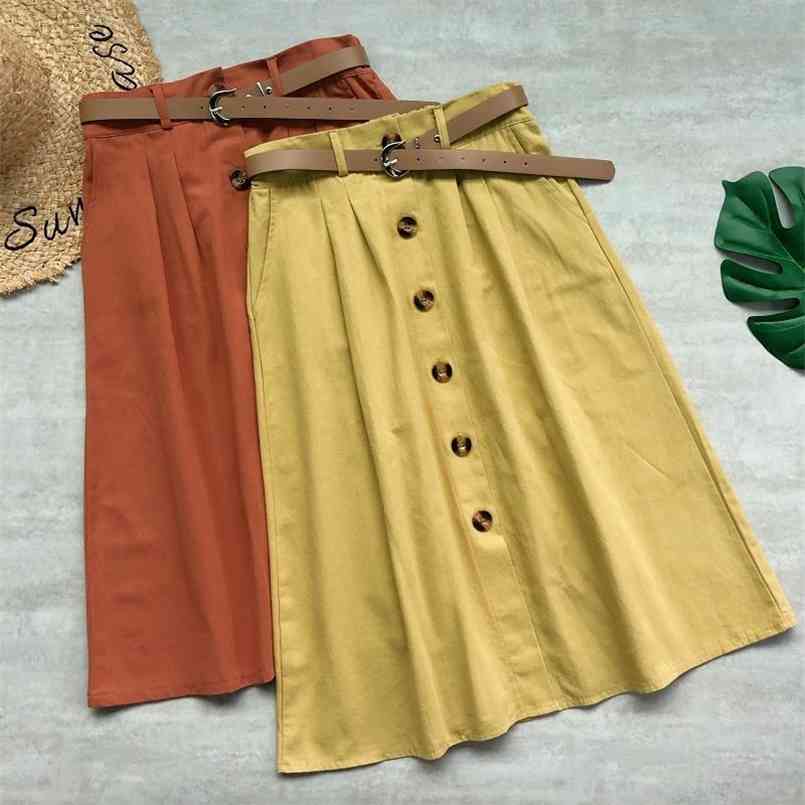 

Korean Spring Summer casual Skirt women Cotton Single Breasted Pocket midi Women High Waist A- line skirt womens 210708, Khaki