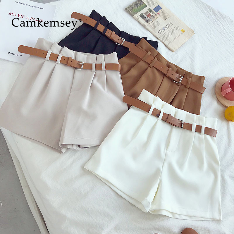 

CamKemsey Korean Brief Design White Suit Shorts For Women 2021 Fashion Solid High Waist Wide Leg Shorts With Belt 5 Colors, Black