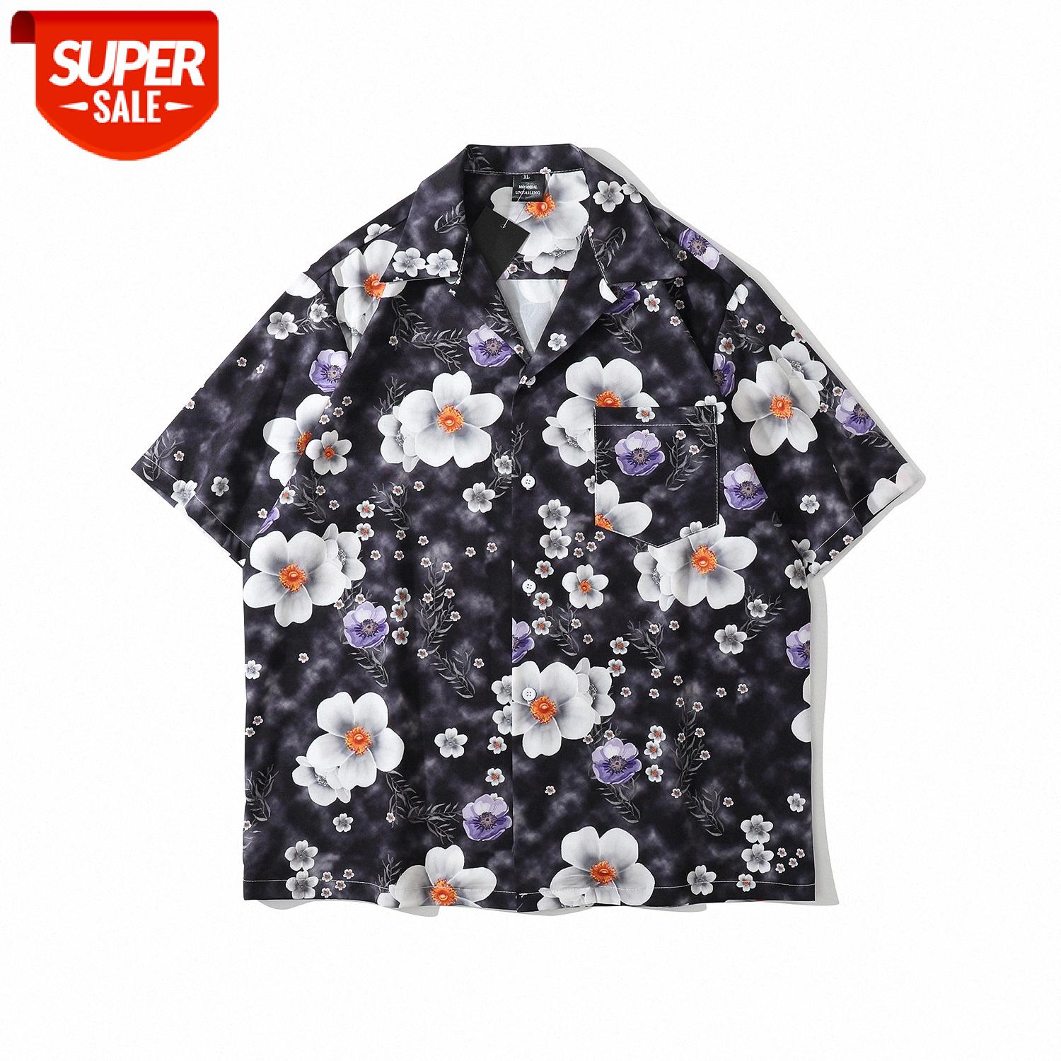 

Hong Kong style Japanese retro floral short-sleeved shirt for men and women loose lazy Weiyi couple flower #7C5x, White;black