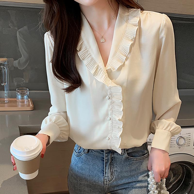 

Ruffles Blouse Women Chiffon Shirt Female Long Sleeve 2021 Spring Tops Casual Woman Clothes Button Blouses Chemisier Femme Women' & Shirts, Apricot