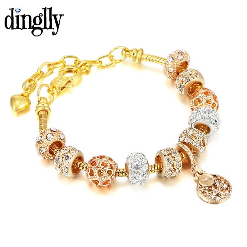 

Charm Bracelets DINGLLY Gold Tree Of Life For Women Men Original Crystal Round Beads Hollow Heart Beaded Bracelet Couples Gifts, Golden;silver