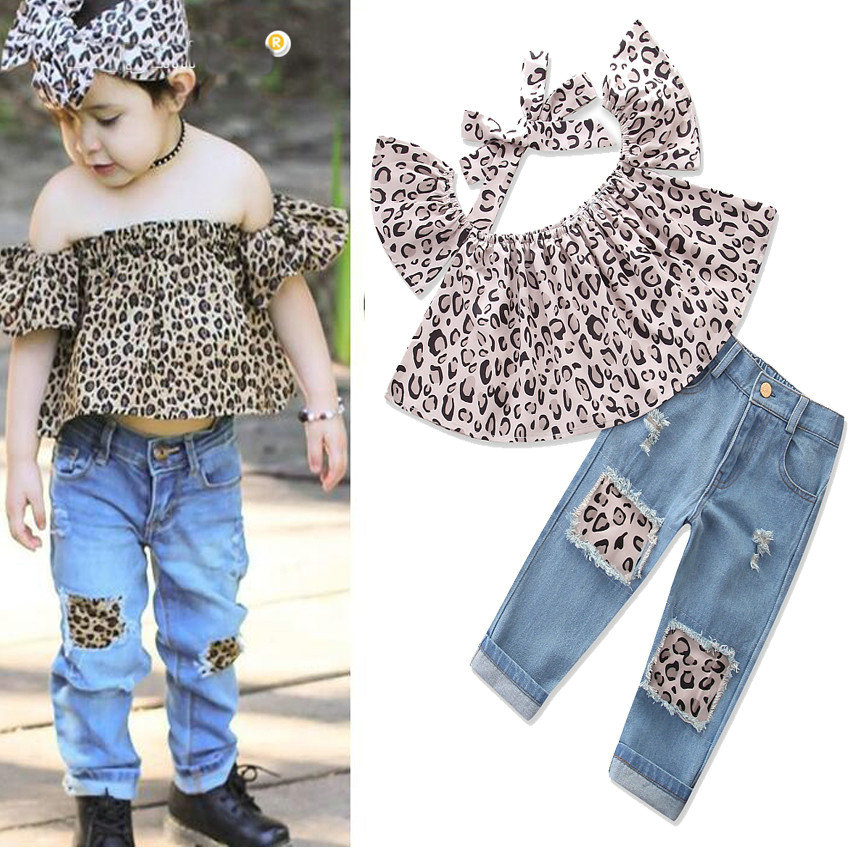 

Retail/wholesale Girl Leopard one-Shoulder Top+Jeans 3pcs set tracksuit with headband Clothing Sets girls outfits children Designers Clothes, See the picture