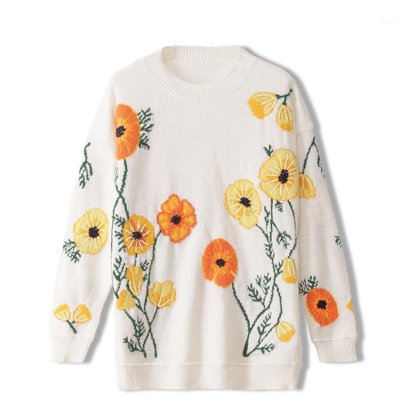 

Women' Sweaters 2021 Autumn Wnter Romantic Flower Embroidery Sweater Women Prairie Chic Loose Crew Neck Long Sleeve Knitted Ladies Pullover, White