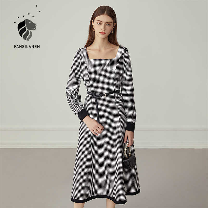 

FANSILANEN Autumn winter black plaid long dress Women sleeve belt vintage Female slim party elegant office 210607