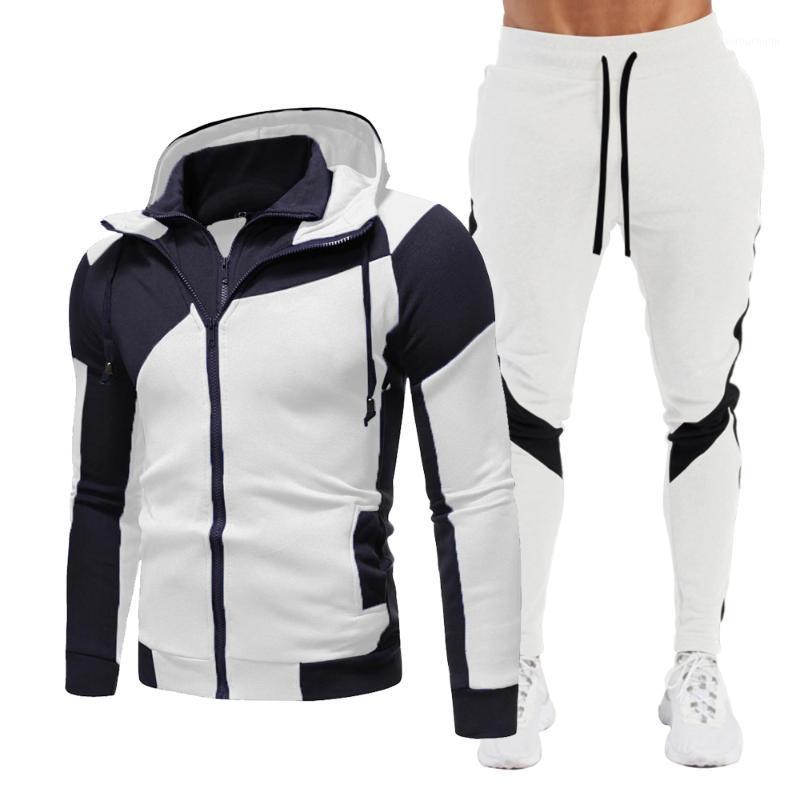 

Men's Hoodies & Sweatshirts 2021 Winter Fleece Multicolor Patchwork Link Hoodie + Sweatpants Suit Fashion Sports And Leisure 2-Piece Set