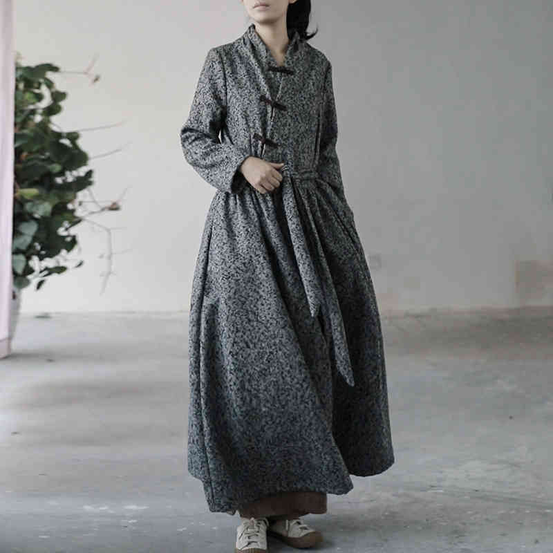 

Johnature Women Blend Wool Coats Chinese Style Stand High Waist Winter A-Line Long Sleeve Vintage Bandage Blend Coats 210521, Black gray