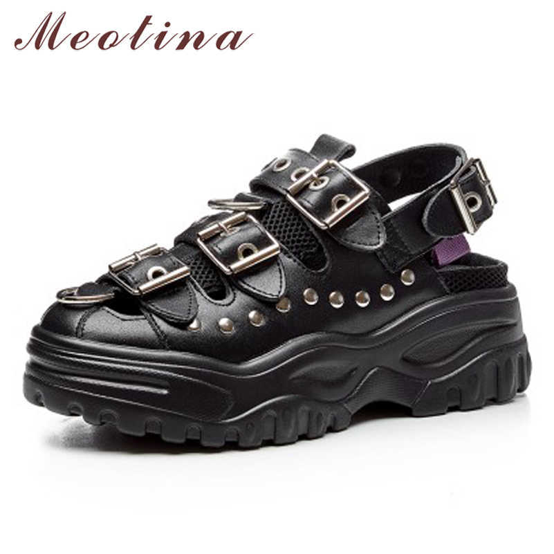 

Meotina Sandals Shoes Women Natural Genuine Leather Sandals Wedges High Heel Sandals Buckle Round Ladies Footwear Summer Black 210608