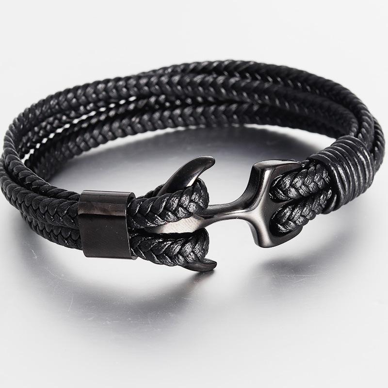 

High Quality Men's Titanium Steel Bracelet Black Personality Leather Woven Anchor Rope For Men Gift Charm Bracelets
