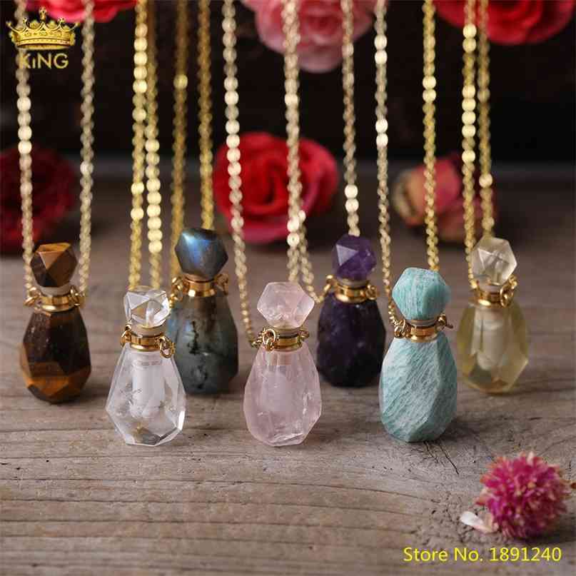 

Natural Pink Amethysts Quartz Tiger Eye Stone Perfume Bottle Pendant Necklace,Gold Crystal Essential Oil Diffuser Vial Jewelry 210721